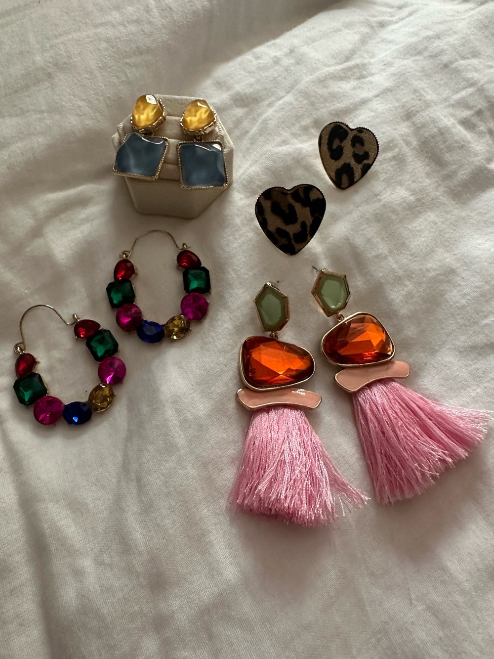 Statement Pink Tassel and Orange Gem Drop Earrings - 4 Sets of Earrings